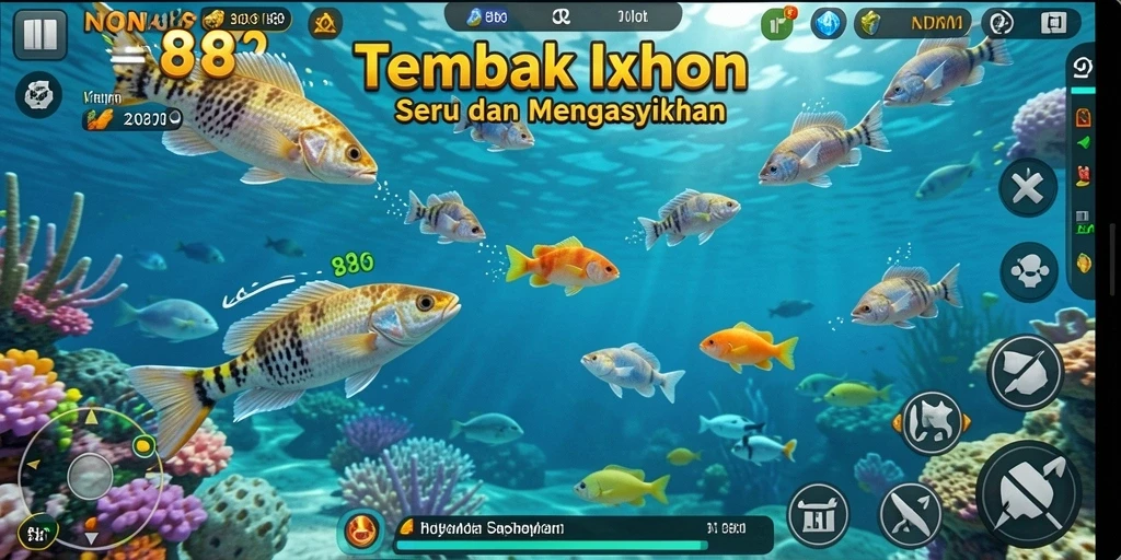 Screenshot gameplay NONA88 menampilkan pemain menembak ikan berwarna-warni.