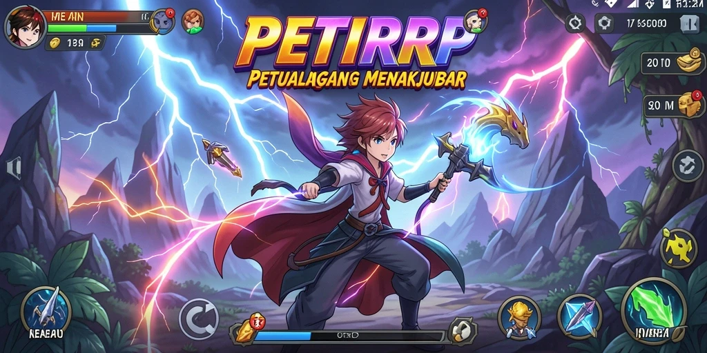 Screenshot utama PETIRRP menampilkan pertarungan aktif dan karakter anime.