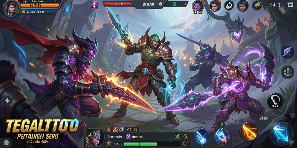 Tampilkan aksi seru gameplay TEGALTOTO dalam pertempuran MOBA.